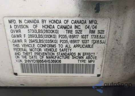 2004 Acura Mdx from USA, damaged, VIN 2HNYD18664H536906